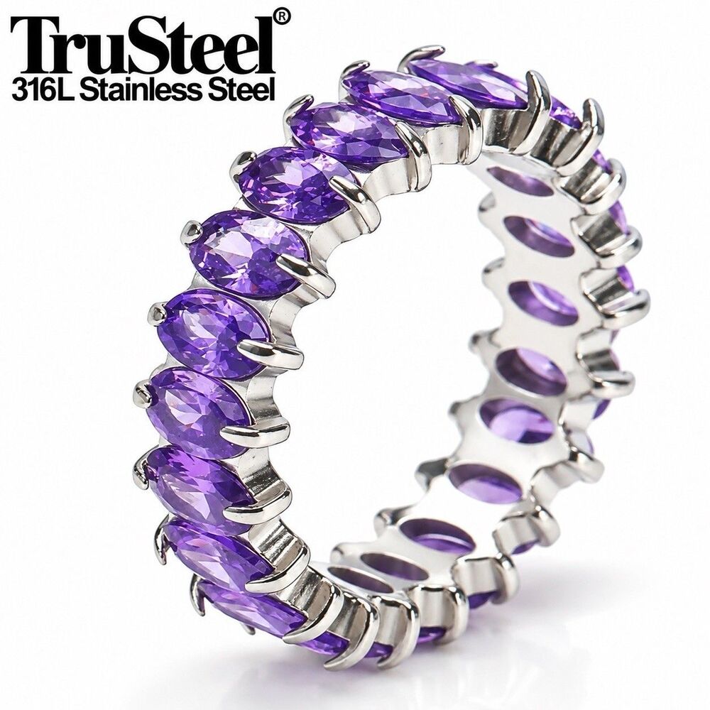 Women 316L Stainless Steel Purple Baguette CZ Eternity Ring Band Wedding Size 9